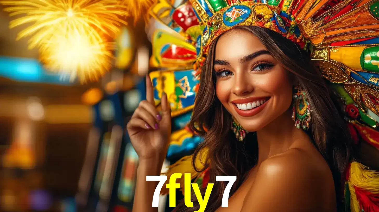Mulher sorridente com um cocar de carnaval vibrante e colorido, celebrando uma grande vitória nos jogos do cassino 7fly7 com fogos de artifício ao fundo.