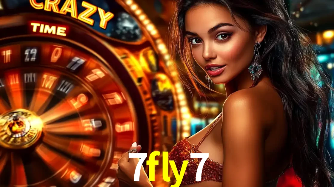 Mulher ao lado da roda de prêmios do jogo de cassino ao vivo Crazy Time, um dos shows de jogos mais emocionantes oferecidos pela plataforma de apostas 7fly7.