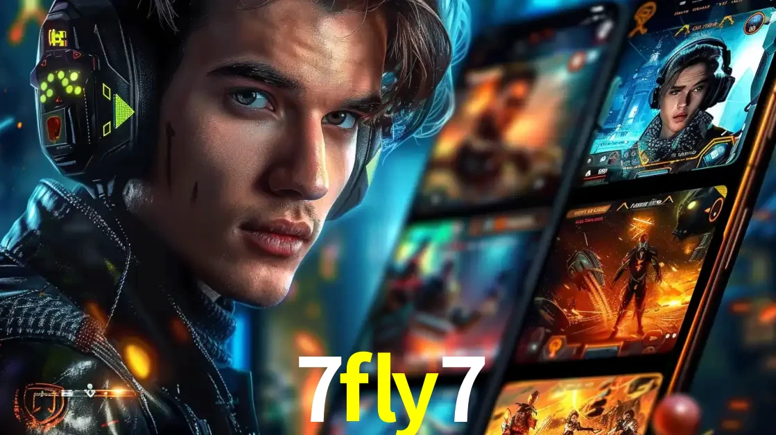 Jovem jogador com fones de ouvido olhando para a câmera, com um aplicativo de jogos e e-sports para celular ao fundo, pronto para a competição e apostas no 7fly7.