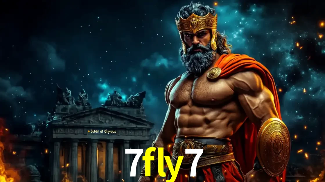O poderoso Zeus do jogo de slot Gates of Olympus em frente ao seu templo, pronto para lançar multiplicadores divinos e prêmios épicos no cassino online 7fly7.