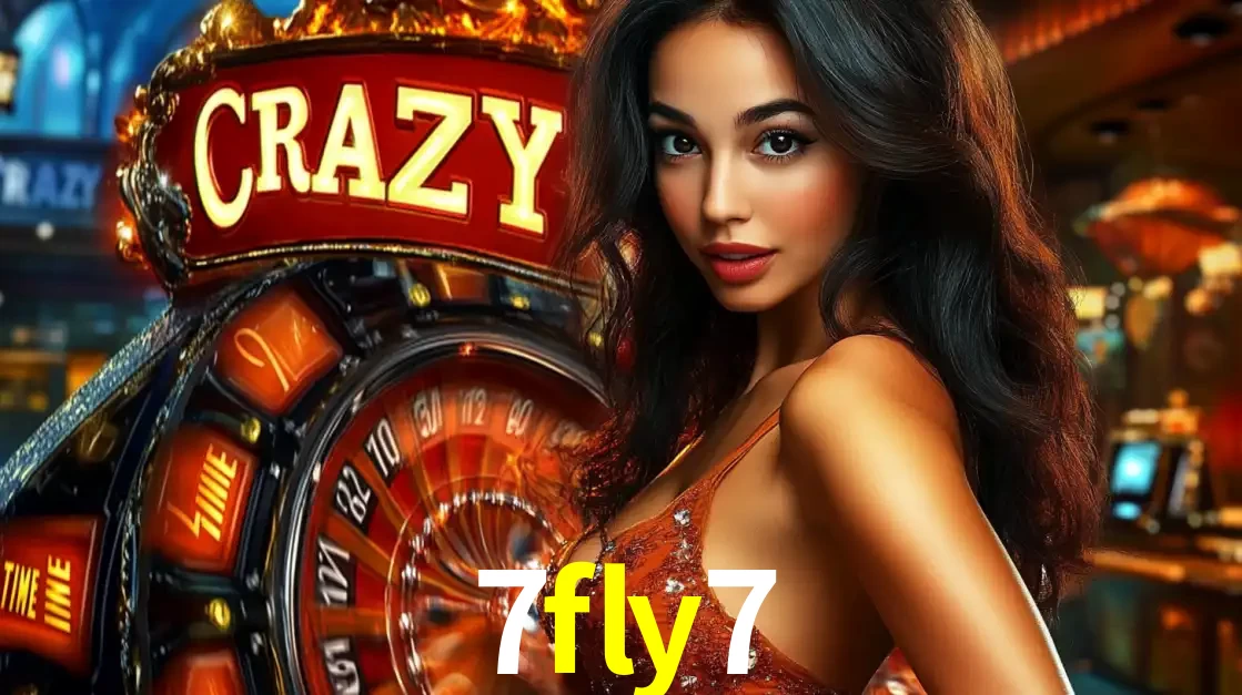 Mulher glamourosa olhando para a câmera com a roda vermelha do Crazy Time ao fundo em um ambiente de cassino, destacando a emoção dos jogos ao vivo no 7fly7.
