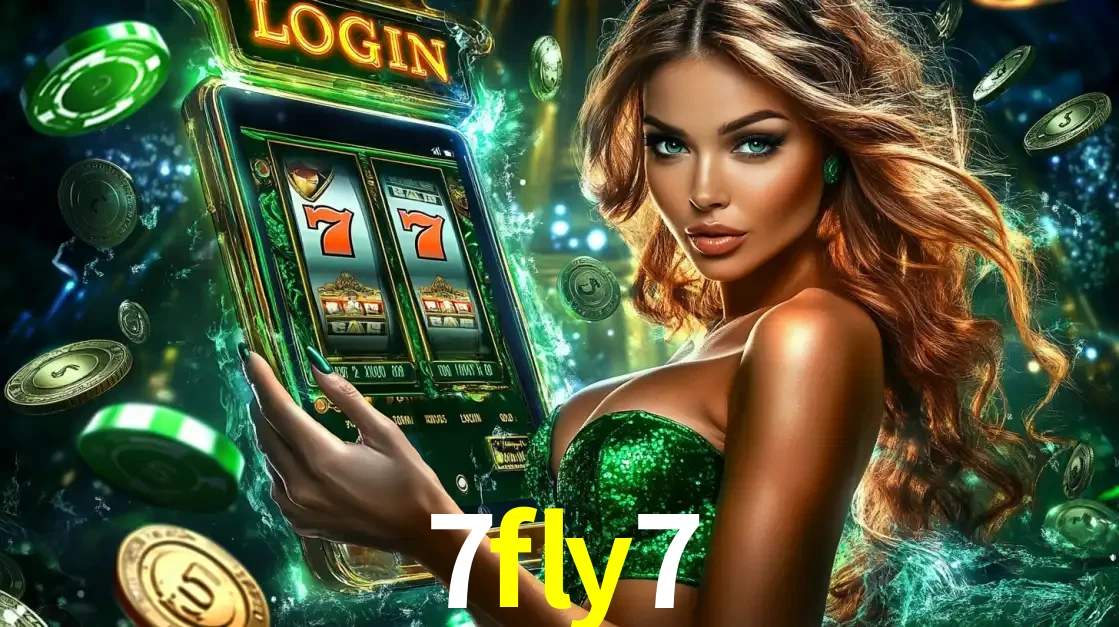Mulher com tema verde apresentando o aplicativo do cassino 7fly7 com um jogo de slot de 777, cercada por fichas de cassino e uma aura de sorte.