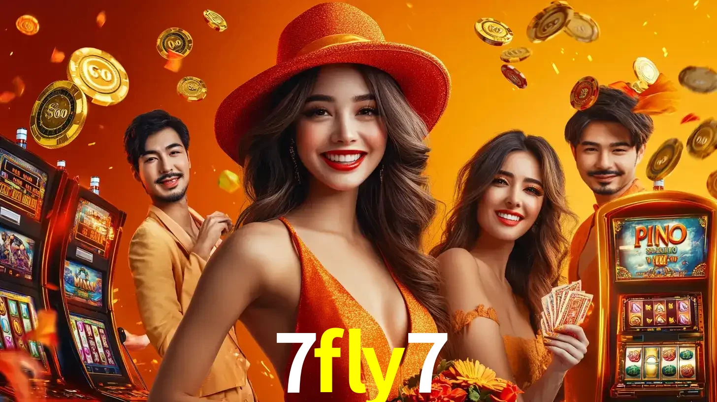 Grupo de amigos asiáticos sorrindo e se divertindo com máquinas de caça-níqueis em um ambiente festivo, celebrando suas vitórias nos jogos de cassino do 7fly7.