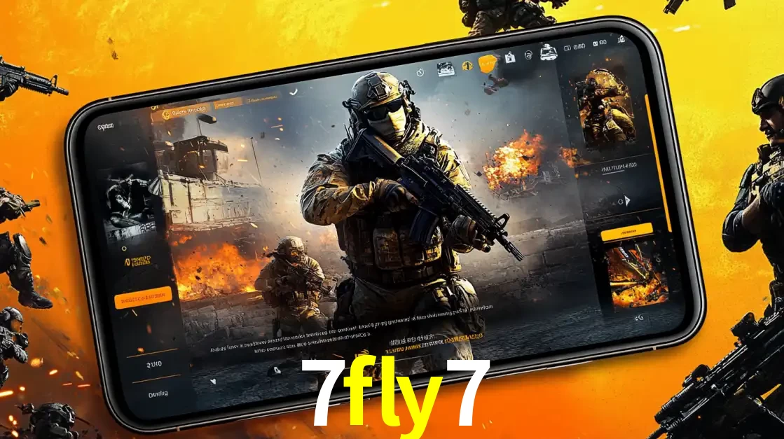 Um smartphone exibindo a interface de um jogo de tiro em primeira pessoa, com um soldado em um cenário de batalha, representando a ação dos e-sports para apostar no 7fly7.