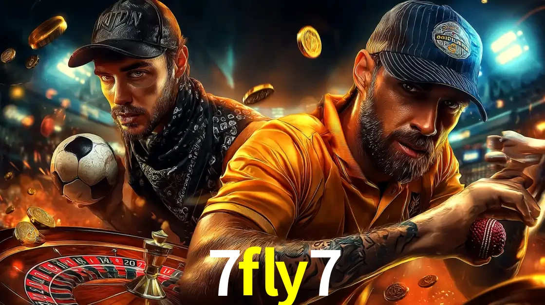 Montagem de apostas esportivas e cassino no 7fly7, com um homem segurando uma bola de futebol e outro uma de beisebol sobre uma roleta e moedas voadoras.