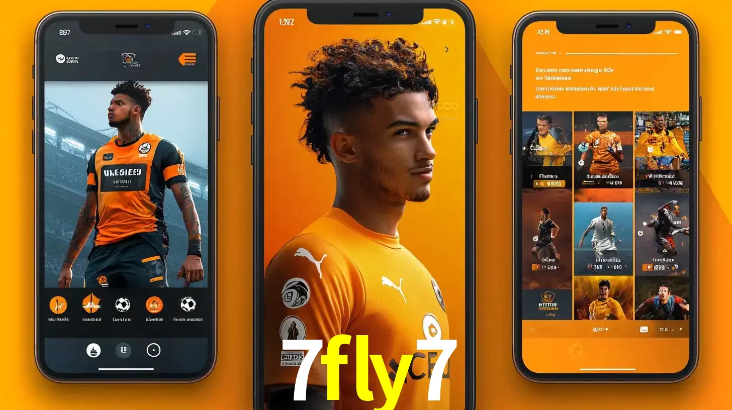 Interface do aplicativo de apostas esportivas 7fly7 em três telas de celular, mostrando o perfil de um jogador de futebol e a lista de jogos disponíveis para apostar.