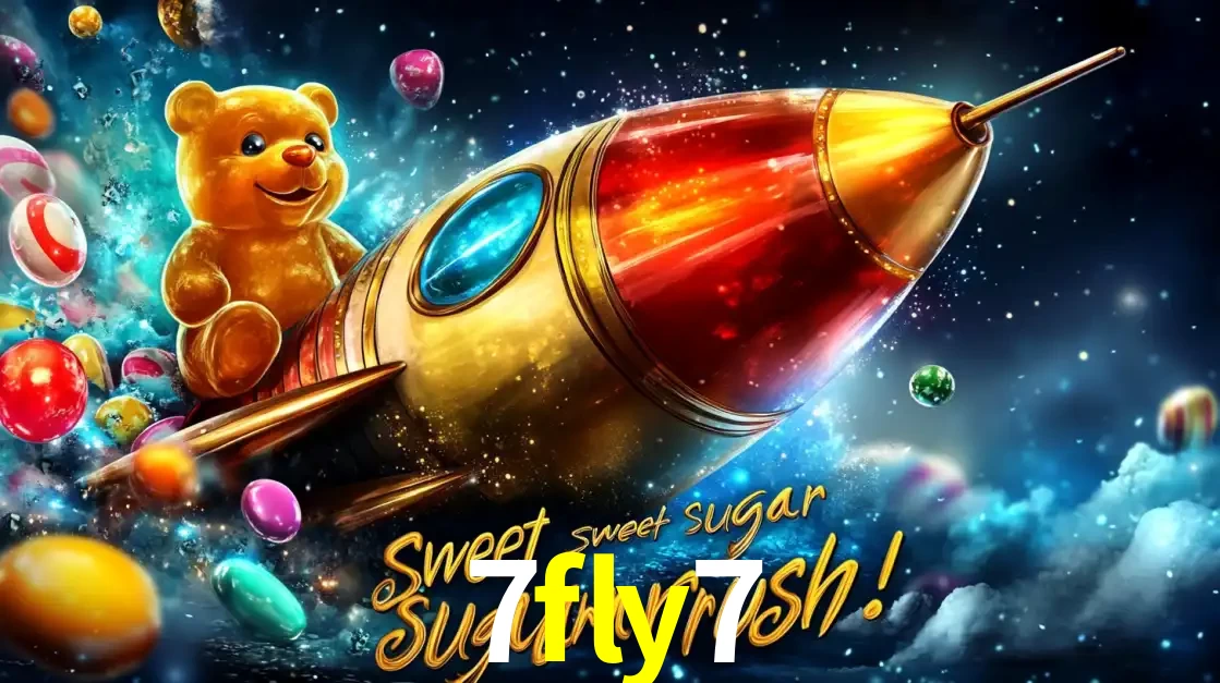 Arte promocional do jogo de slot Sugar Rush, com um urso de pelúcia em um foguete viajando pelo espaço de doces, um dos jogos divertidos disponíveis no cassino 7fly7.