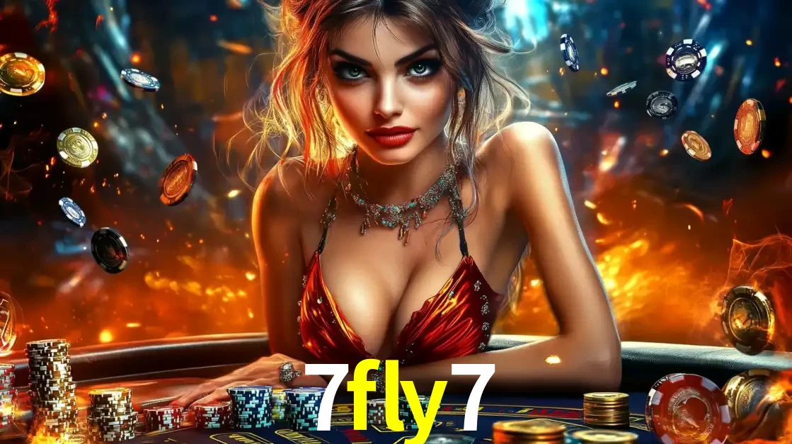 Mulher em uma mesa de cassino com pilhas de fichas e um fundo de fogo, pronta para uma rodada de altas apostas nos jogos de mesa emocionantes do cassino 7fly7.