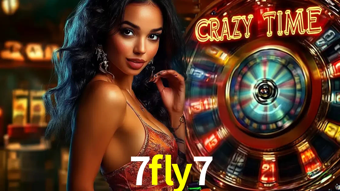 Mulher elegante ao lado da vibrante roda da fortuna do jogo de cassino ao vivo Crazy Time, um dos game shows mais populares e cheios de prêmios do 7fly7.