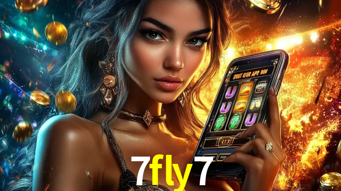 Mulher elegante mostrando um jogo de caça-níqueis em seu smartphone, destacando a experiência de cassino móvel oferecida pelo aplicativo 7fly7.