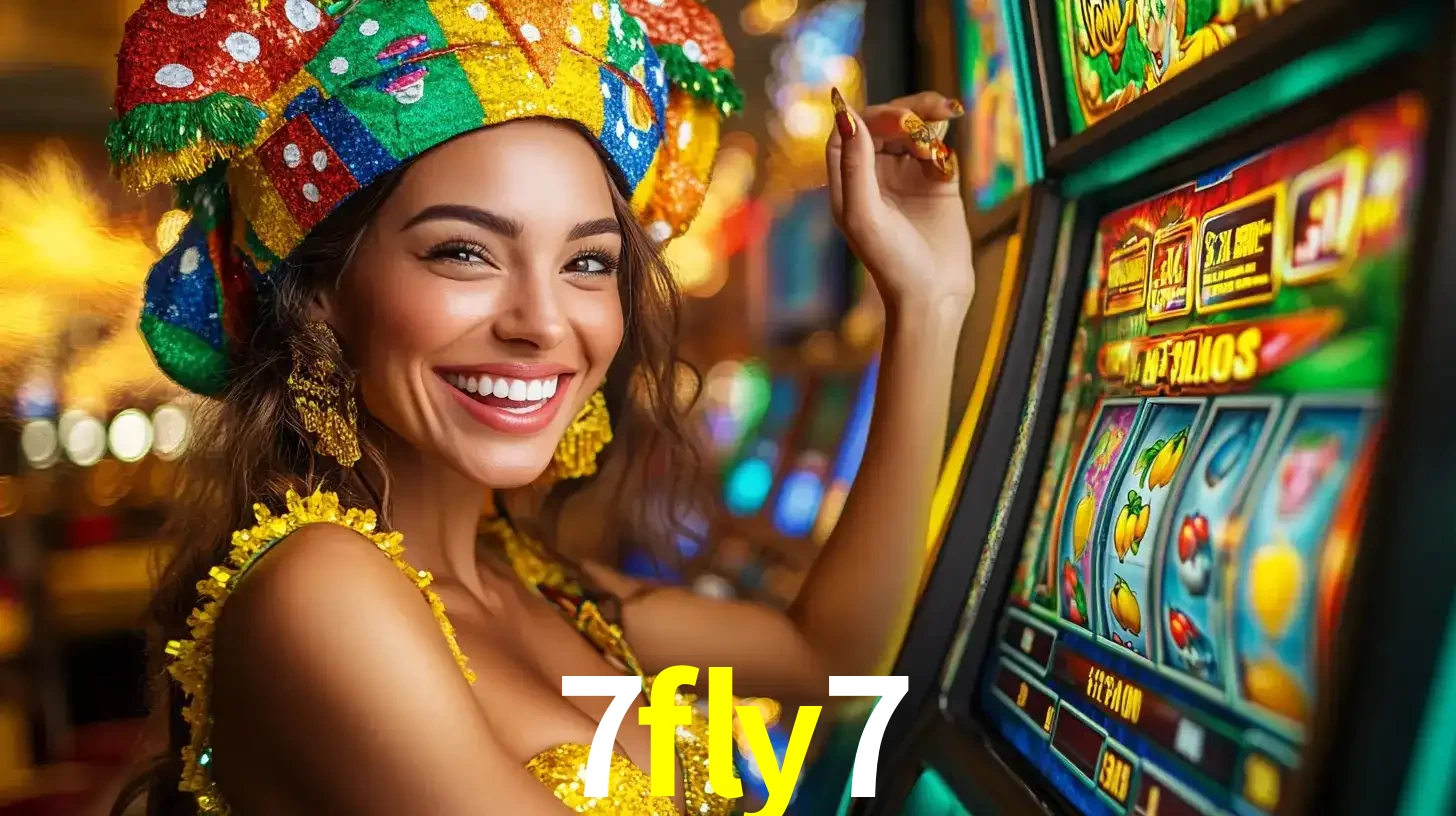 Mulher feliz com traje de carnaval amarelo e colorido ao lado de uma máquina de caça-níqueis, aproveitando a diversão e os jogos temáticos do cassino 7fly7.