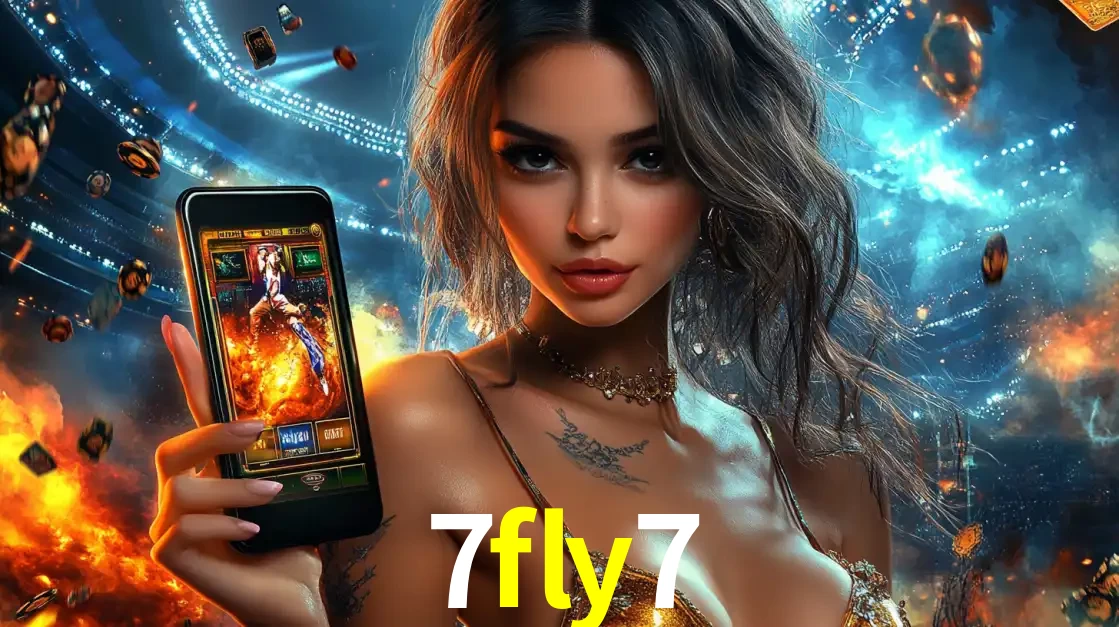 Mulher segurando um celular com um jogo de slot em destaque, tendo como fundo um estádio vibrante, simbolizando a emoção de jogar no cassino móvel 7fly7.