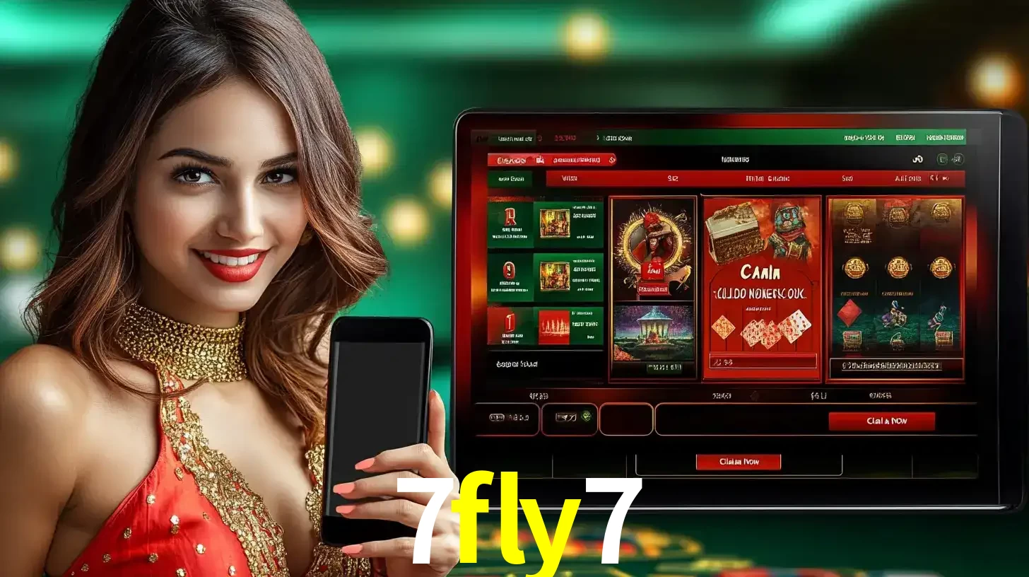 Mulher sorridente segurando um smartphone, ao lado de uma tela exibindo o lobby de jogos do cassino online 7fly7, com várias opções de jogos de cartas e slots.